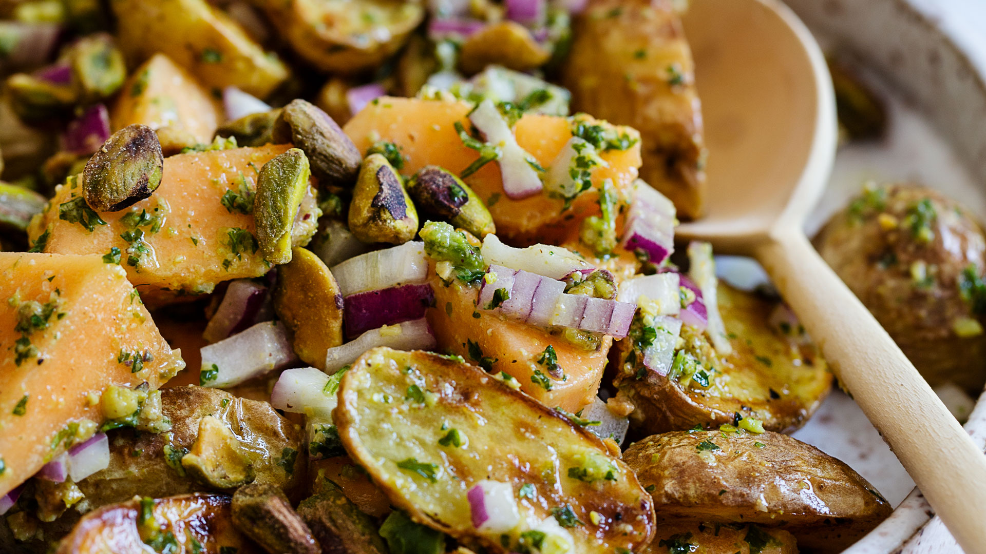 Baked Potato and Melon Salad with Pistachio Vinaigrette