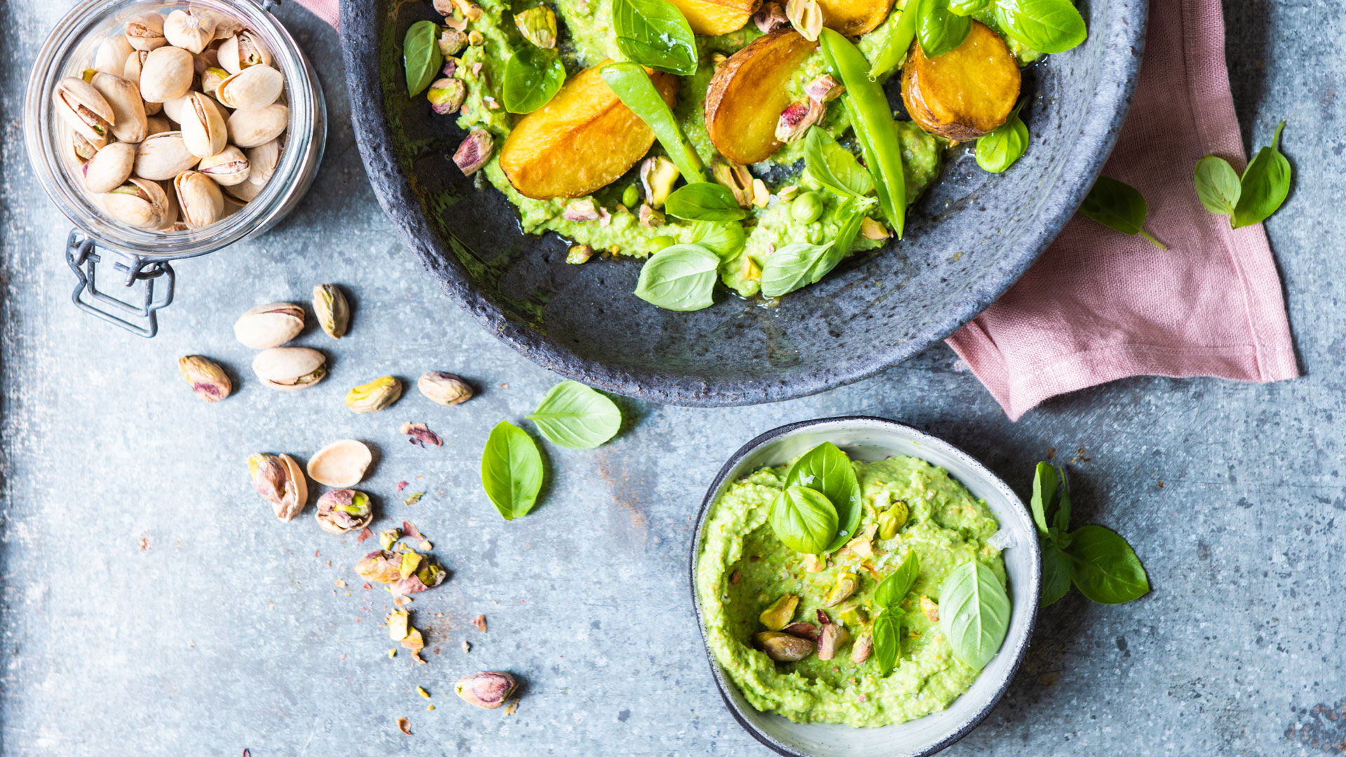 Crispy Potatoes with Pistachio-Pea-Coconut Cream