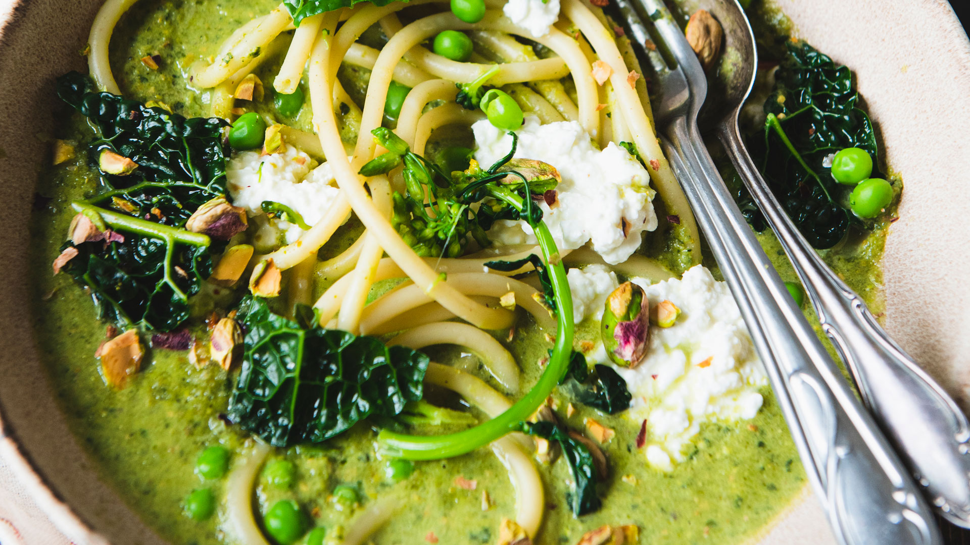 Macaroni with Broccoli-Kale Sauce, Cottage Cheese and Roasted Pistachios