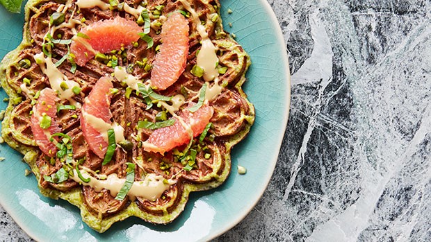 Pistachio Banana Waffles with Grapefruit, Mint, & Dulcey Chocolate | Courtesy of Sweet Paul Magazine