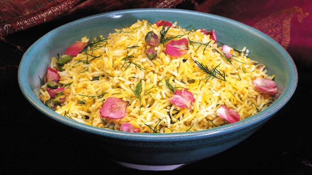 Pistachio Rice with Dill and Rose Petals 