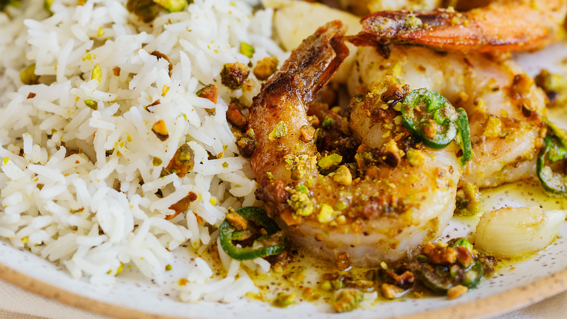 Pistachio & Chili Crusted Shrimp with Pistachio Rice