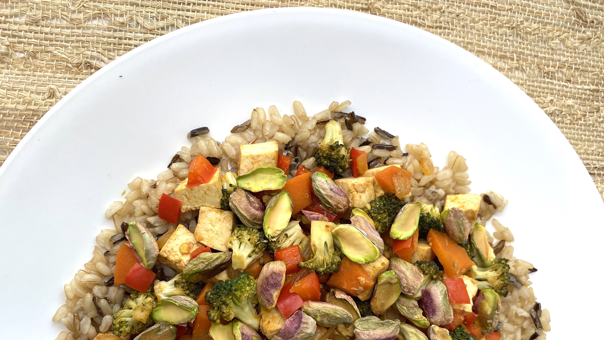 Tofu Pistachio Stir Fry Over Brown and Wild Rice