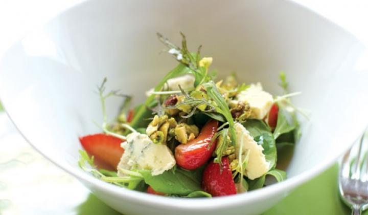 Arugula, "Pickled" Strawberries, Candied Pistachios & Crumbled Blue Cheese Salad