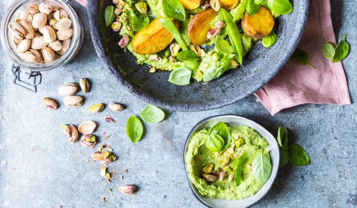 Crispy Potatoes with Pistachio-Pea-Coconut Cream