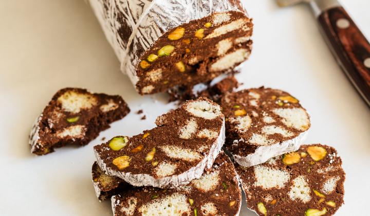 Pistachio Studded Chocolate Salami