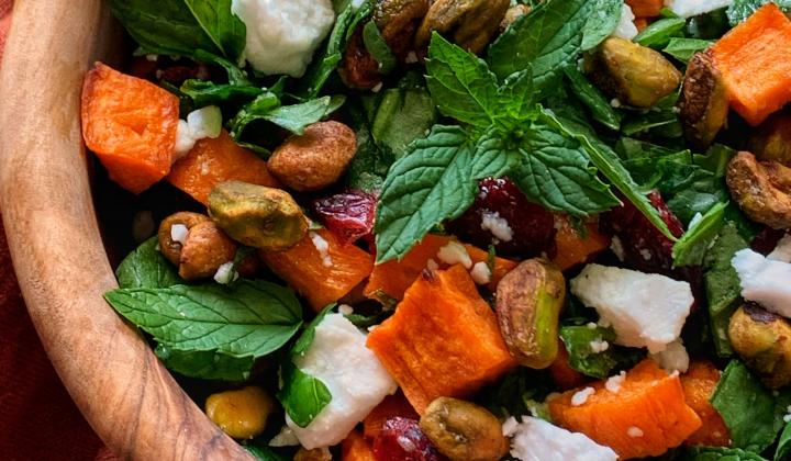 Pistachio Sweet Potato Cranberry Feta Salad