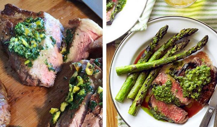 Rib-Eye Steaks with Pistachio Butter and Asparagus 