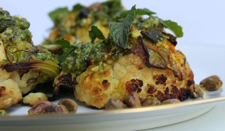 Turmeric Roasted Cauliflower with Pistachio Pesto & Tart Cherries