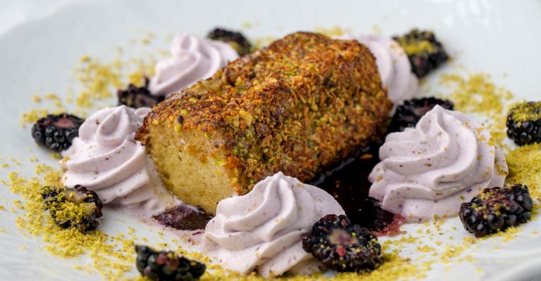 Pistachio-Crusted Pain Perdu with Blackberry Chantilly