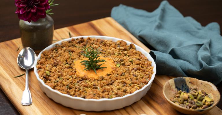 Sweet Potato Soufflé with Pistachio Streusel Topping